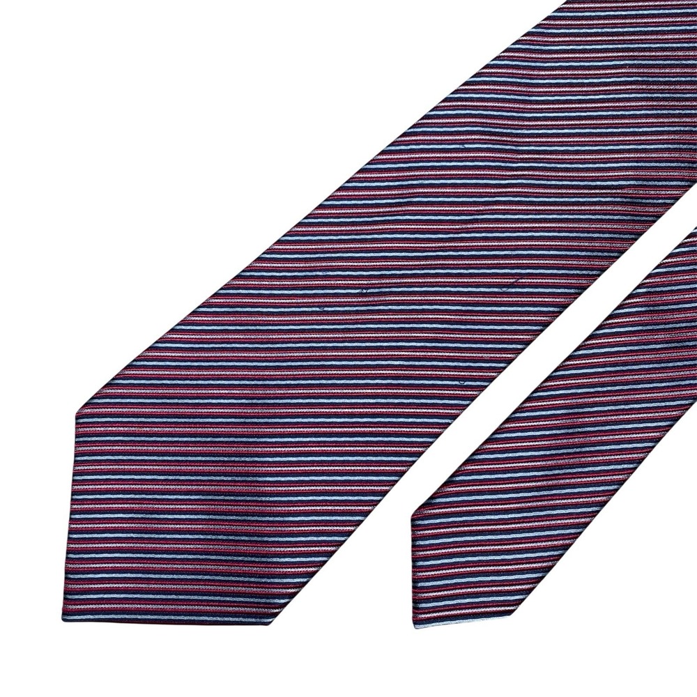 Charvet Tie 59x3.75 Silk Red Silver Blue Fine Stripe France FLAWS
